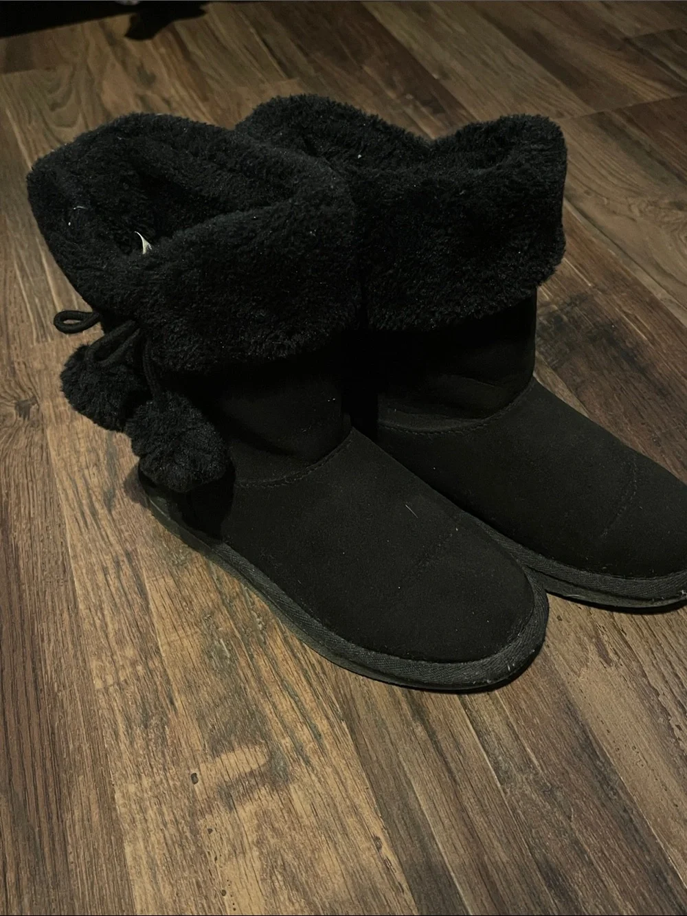Black Plush Ankle Boots with Pom-Pom Accent - Women